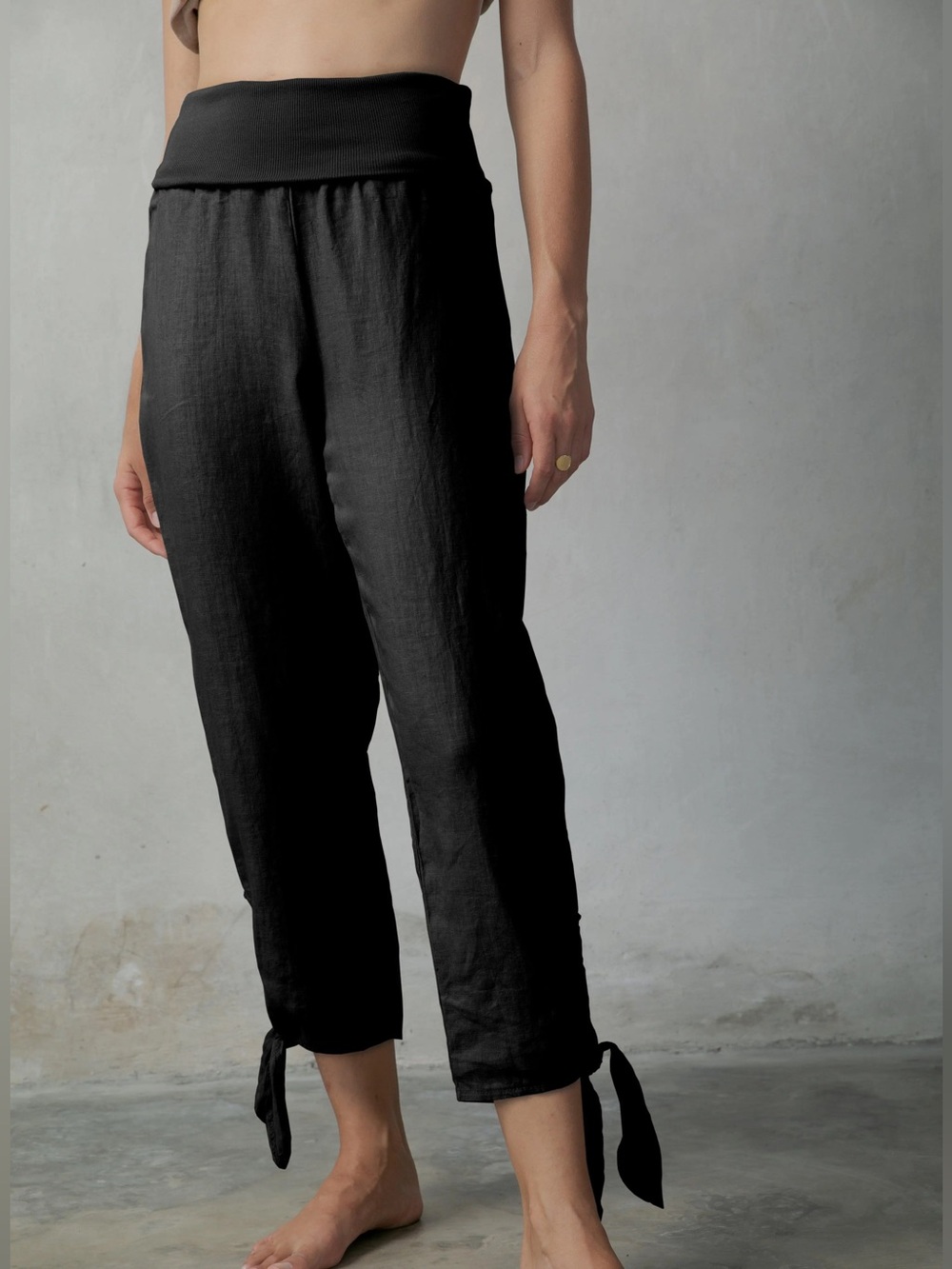 Luxmi Black Tie Hem High Waist Pants and Top Linen Set Size Small